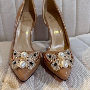 Fashion design like Christian Louboutin Tan Heels with Pearl and Jewel Accents